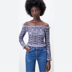 Zara NWT  S pink metallic fibers stretching tweed frayed hem long sleeves top
